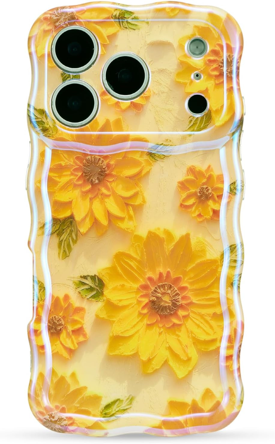 Case for Iphone 17 Pro Max, Colorful Retro Oil Painting Flower Cute Floral Aesthetic Curly Wave Frame Laser Glossy Reflective Exquisite Stylish Protective Cover Women Girls-Sunflower/Yellow