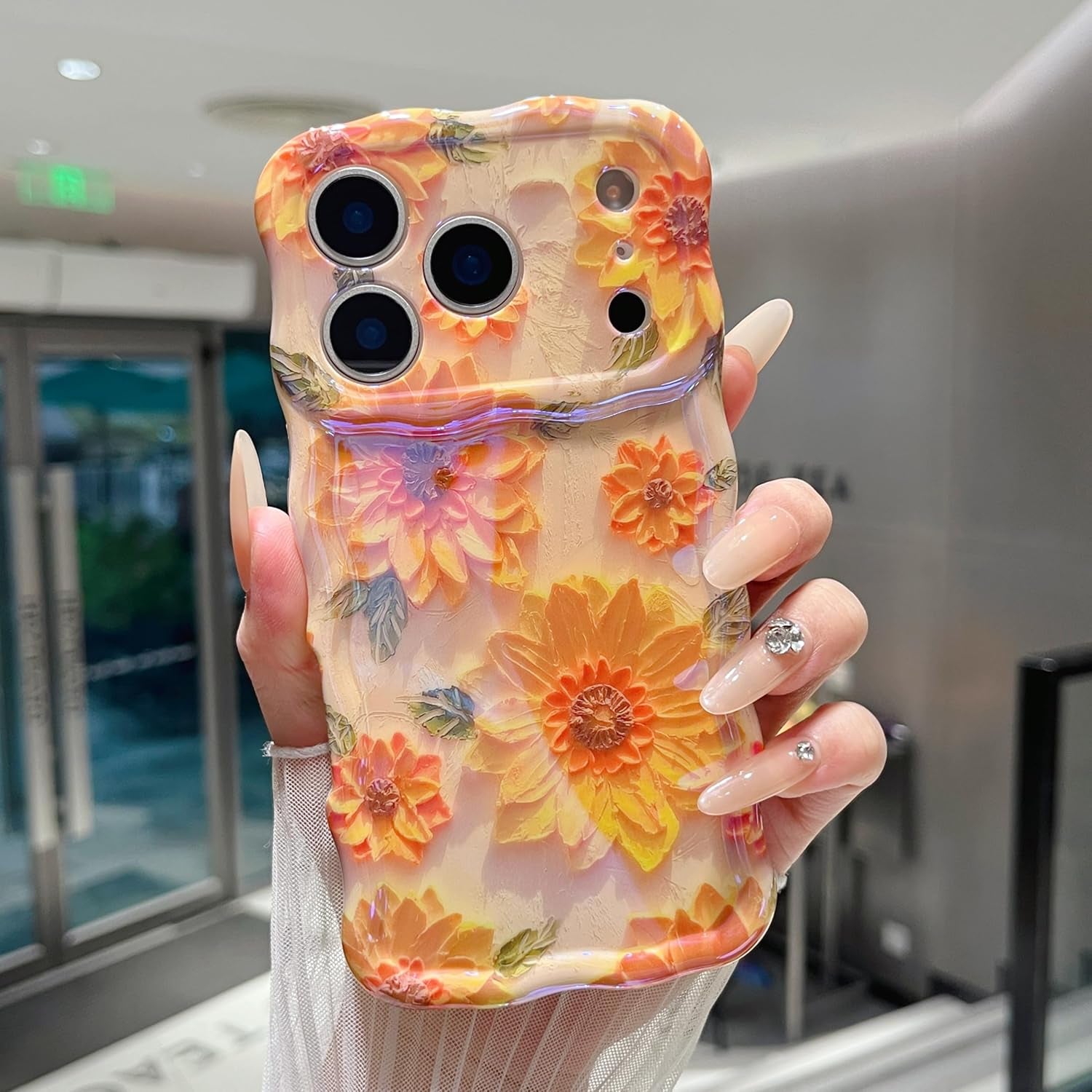 Case for Iphone 17 Pro Max, Colorful Retro Oil Painting Flower Cute Floral Aesthetic Curly Wave Frame Laser Glossy Reflective Exquisite Stylish Protective Cover Women Girls-Sunflower/Yellow
