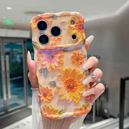 Case for Iphone 17 Pro Max, Colorful Retro Oil Painting Flower Cute Floral Aesthetic Curly Wave Frame Laser Glossy Reflective Exquisite Stylish Protective Cover Women Girls-Sunflower/Yellow