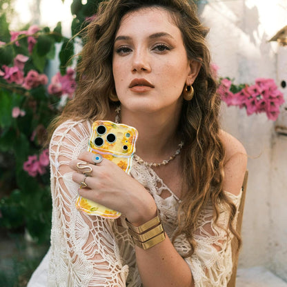 Case for Iphone 17 Pro Max, Colorful Retro Oil Painting Flower Cute Floral Aesthetic Curly Wave Frame Laser Glossy Reflective Exquisite Stylish Protective Cover Women Girls-Sunflower/Yellow