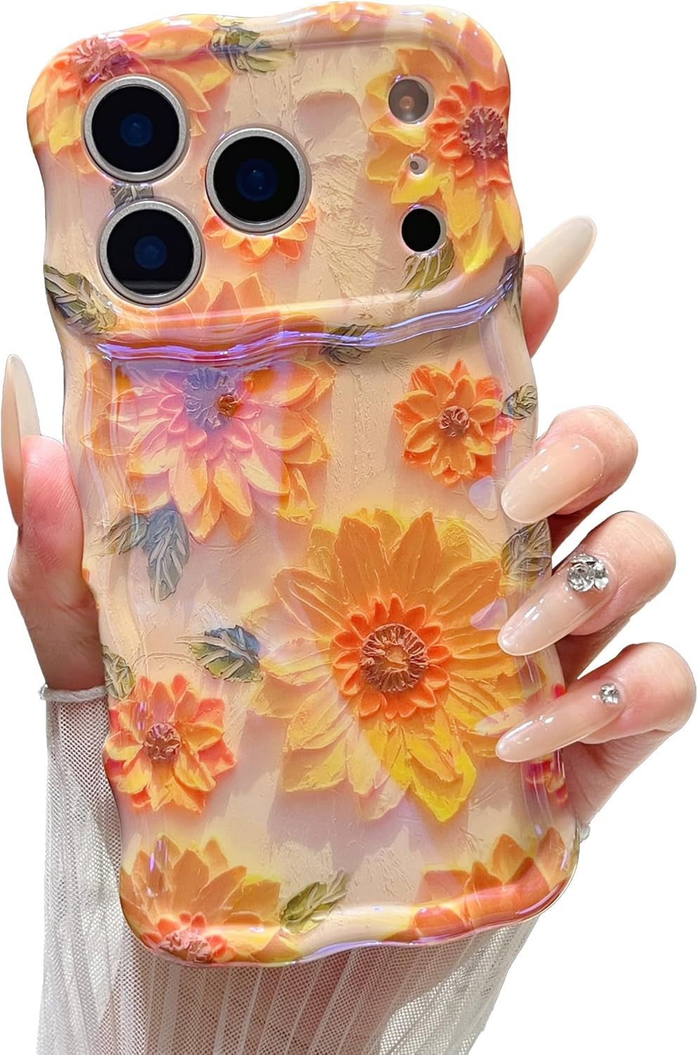 Case for Iphone 17 Pro Max, Colorful Retro Oil Painting Flower Cute Floral Aesthetic Curly Wave Frame Laser Glossy Reflective Exquisite Stylish Protective Cover Women Girls-Sunflower/Yellow